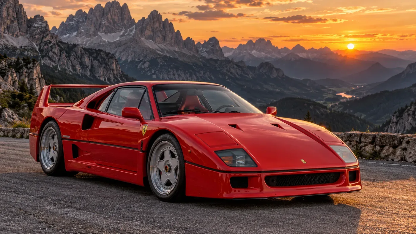 Red Ferrari F40 on a mountain pass at sunset