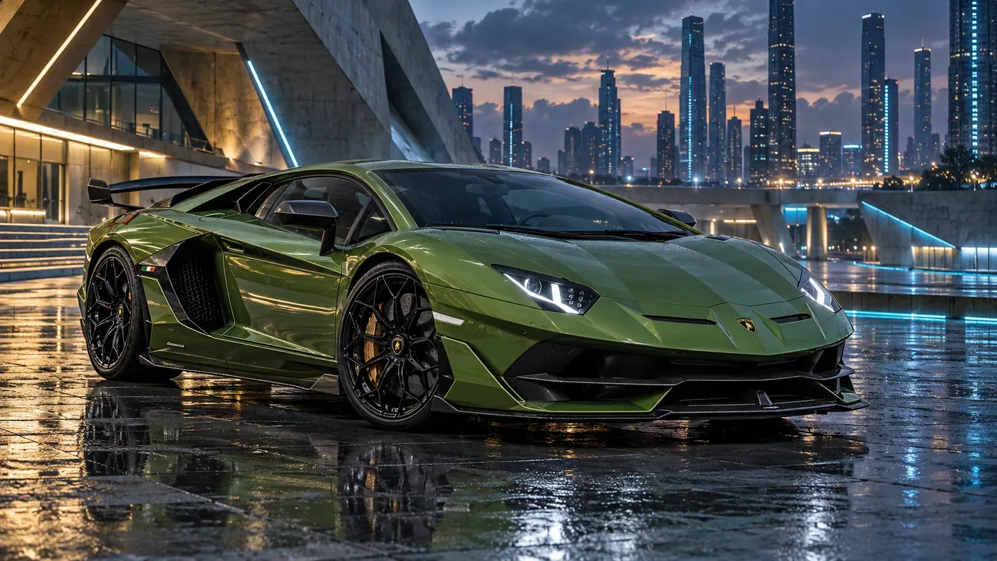 Green Lamborghini Aventador SVJ in front of a city skyline at night