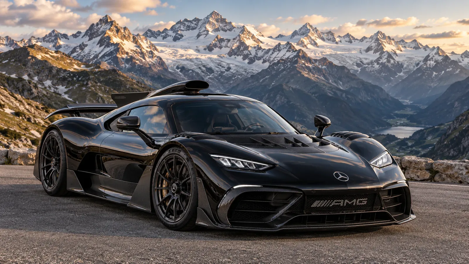 Black Mercedes-AMG ONE on a Swiss Alpine mountain pass