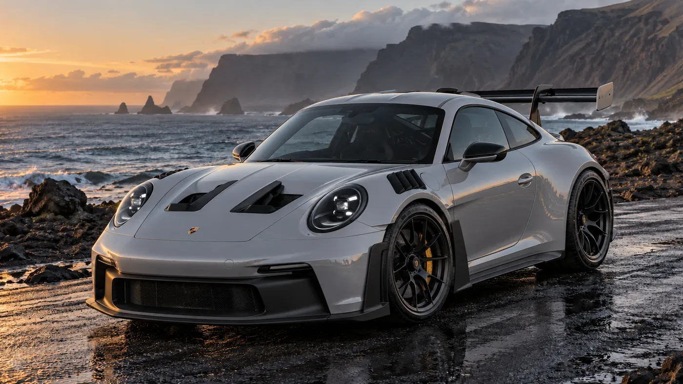 Silver Porsche 911 GT3 RS on a coastal road at sunset